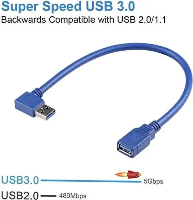 Alt view image 4 of 6 - 90-Degree USB-A 3.0 Extension Cable 2-Pack, 1 Left & 1 Right Angle Male to Female, 30cm (1ft) Blue, SuperSpeed 5Gbps Data Transfer & Charging Cord