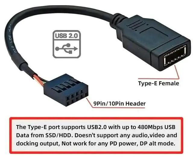 Alt view image 2 of 7 - USB2.0 9Pin Male to USB3.1 Type-E Key-A Female Header Extension Cable, Mainboard to Front Type-C Panel Cord, 0.49FT