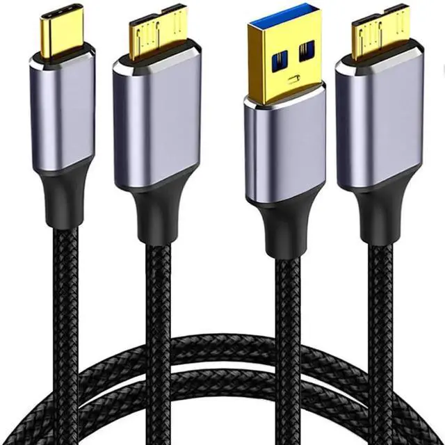 Main image of 2-Pack Nylon Braided USB 3.0 Micro B Cable 6.6FT, USB-A & USB-C to Micro USB B Cord for External Hard Drives & Digital Cameras