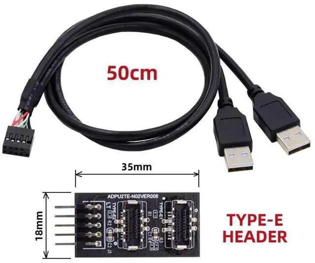 Alt view image 7 of 7 - Motherboard USB2.0 9/10Pin Header Splitter Cable, 1-to-2 Converter to USB2.0 + USB3.1 TypeE Front Panel Socket Internal Extension Cord