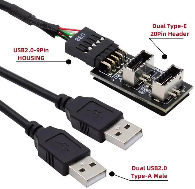 Alt view image 3 of 7 - Motherboard USB2.0 9/10Pin Header Splitter Cable, 1-to-2 Converter to USB2.0 + USB3.1 TypeE Front Panel Socket Internal Extension Cord