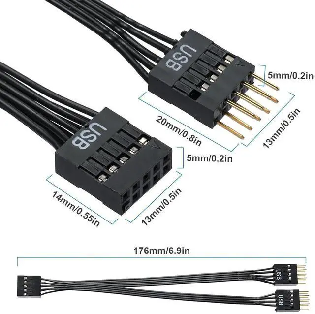 Alt view image 5 of 7 - USB2.0 9Pin Motherboard Header Splitter Cable 17.6CM, 1-in-2 Internal USB Port Expansion Adapter Compatible with NZXT & Most Desktop Mainboards
