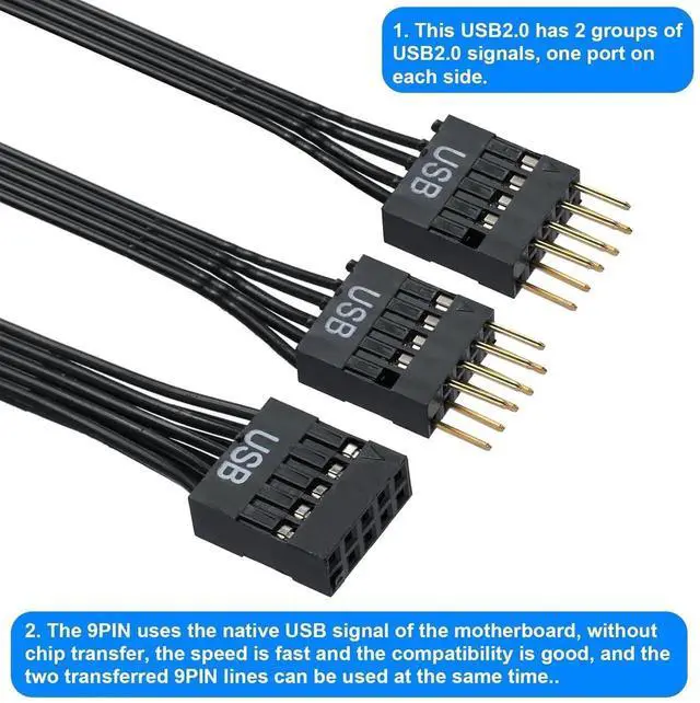 Alt view image 2 of 7 - USB2.0 9Pin Motherboard Header Splitter Cable 17.6CM, 1-in-2 Internal USB Port Expansion Adapter Compatible with NZXT & Most Desktop Mainboards
