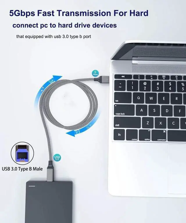 Alt view image 6 of 7 - 2-Pack White Nylon Braided USB 3.0 Type A to Type B Male Cable 6FT, SuperSpeed 5Gbps Cord for External HDD, Scanner, Printer & Audio Interface