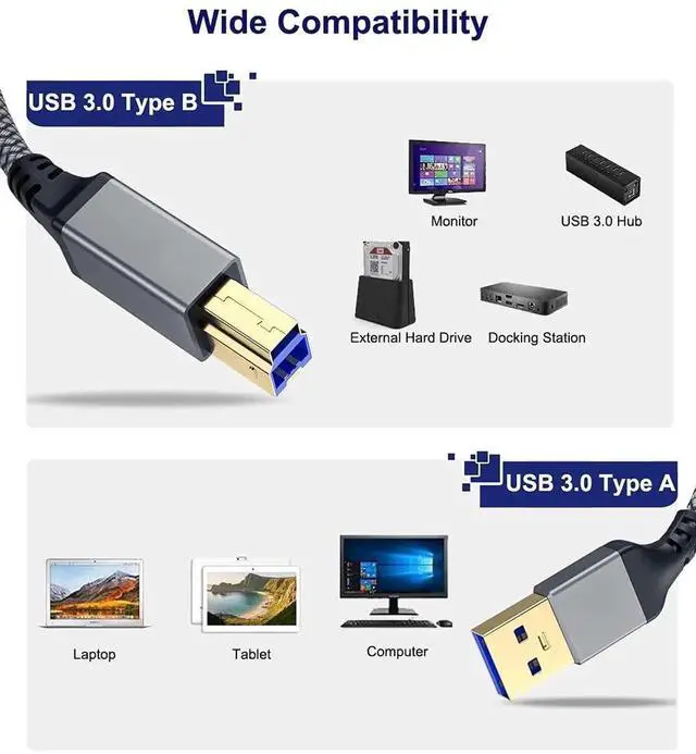 Alt view image 5 of 7 - 2-Pack White Nylon Braided USB 3.0 Type A to Type B Male Cable 6FT, SuperSpeed 5Gbps Cord for External HDD, Scanner, Printer & Audio Interface