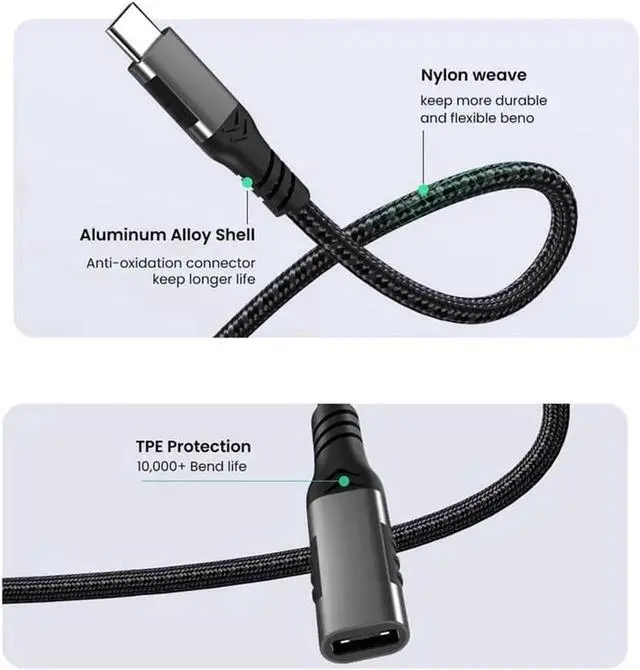 Alt view image 6 of 7 - 6.6FT/2M Nylon Braided USB-C Male to Female Extension Cable|USB3.1 Gen2 10Gbps Data|100W 5A PD Charging|4K Video Output for Laptops & Smartphones