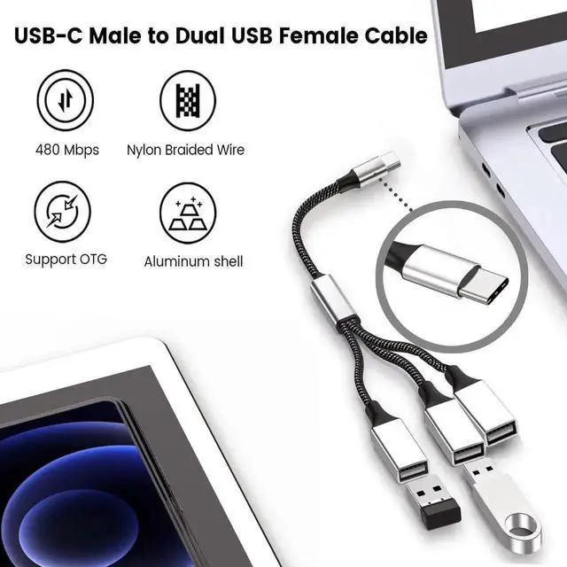Alt view image 2 of 7 - 0.8FT USB-C Male to Dual USB-A 2.0 Female OTG Splitter Hub, 2-Port Type-C to Double USB-A Adapter for Phone, Laptop & Game Console