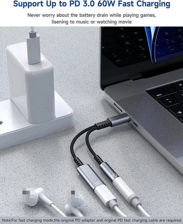Alt view image 4 of 6 - 2-in-1 USB-C to 3.5mm Audio + PD Charging Adapter, 60W PD3.0 Fast Charge & Aux Headphone Jack Dongle for Galaxy S22/S21/S20/Note20, Pixel Series, iPad Pro