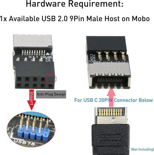 Alt view image 5 of 7 - 2-Pack Internal 9Pin USB2.0 to USB3.2 Gen1 Type-E A-Key Header Adapter, USB2.0 9Pin Female to Type-E Female Converter for PC Front Panel USB-C Expansion