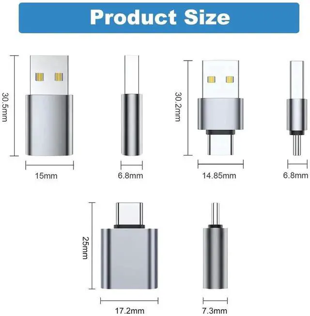 Alt view image 6 of 6 - 6 Pack Grey USB 3.0 Adapter Set | USB-A USB-C Bidirectional Converter Connectors