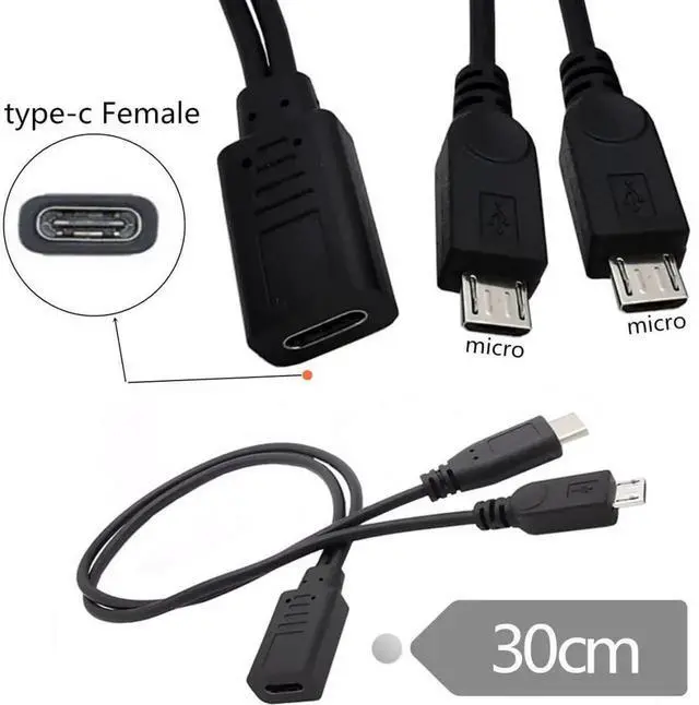 Alt view image 2 of 7 - 0.3M/0.98FT 1-to-2 USB-C to Dual Micro USB Charging Splitter Cable