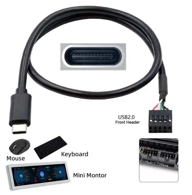 Alt view image 2 of 7 - 50cm USB 2.0 Internal Header Cable | 9Pin/10Pin Motherboard Header to TypeC Female for Sensor Panel, Mini Monitor & Camera