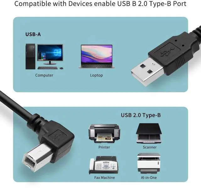 Alt view image 2 of 7 - 1.5M Right-Angle 90° USB2.0 Type A Male to Type B Male Printer Cable | 480Mbps High Speed Cord for Printers & Scanners