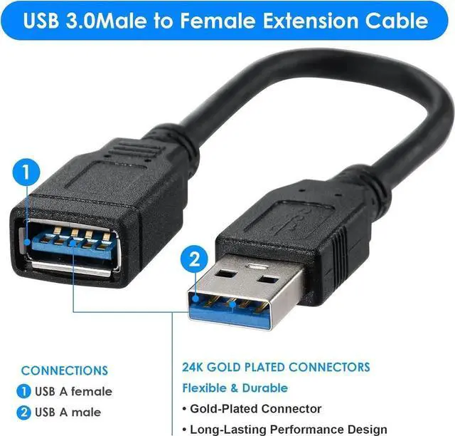 Alt view image 3 of 7 - 8 Inch Black USB3.0 Type-A Male to Female High Speed Extension Cable for USB Hub & Peripherals