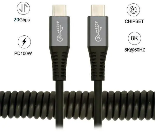 Alt view image 7 of 7 - 1.5M Stretch Coiled USB4 Type-C to C Cable, 20Gbps Data Transfer, 100W PD Fast Charging, 8K/5K/4K UHD Video Output Spring Retractable Cord for Laptop Phone SSD Dock