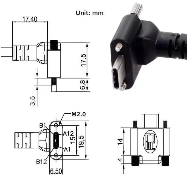 Alt view image 2 of 7 - 0.3M Panel Mount 90° Right Angle USB3.0 A Male to USB-C Male Cable, Screw Lock Industrial Data Cord for Industrial Camera