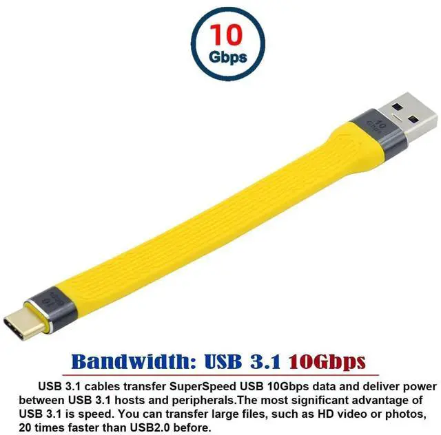 Alt view image 5 of 7 - 13cm Yellow Flat FPC USB 3.1 Gen2 Cable, USB-C Male to USB-A Male 10Gbps High Speed Slim Data Cord for Laptop & Smartphone