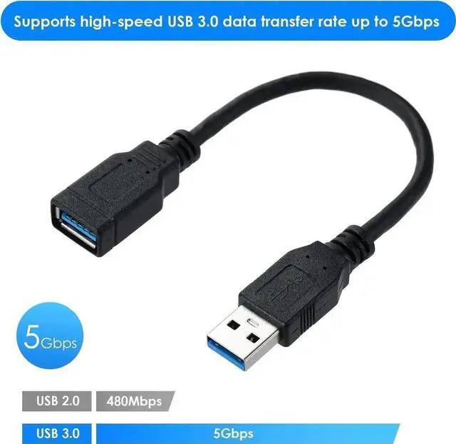 Alt view image 5 of 7 - 8 Inch Black USB3.0 Type A Male to Female Extension Cable, 5Gbps High Speed USB Extender Cord for USB Hub & Peripherals