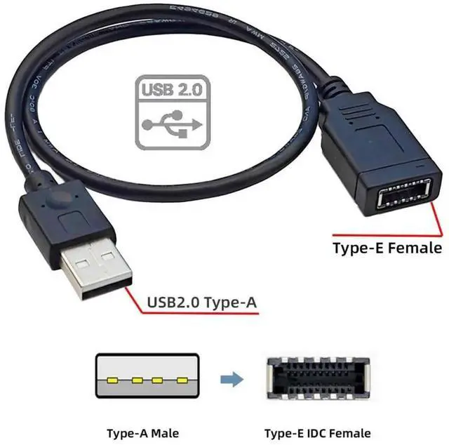 Alt view image 6 of 7 - 1.31FT USB2.0 Male to Type-E Key-A Female Extension Cable, Mainboard Header to Front Panel Type-C Port Adapter