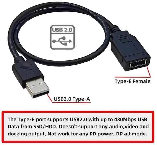 Alt view image 5 of 7 - 1.31FT USB2.0 Male to Type-E Key-A Female Extension Cable, Mainboard Header to Front Panel Type-C Port Adapter