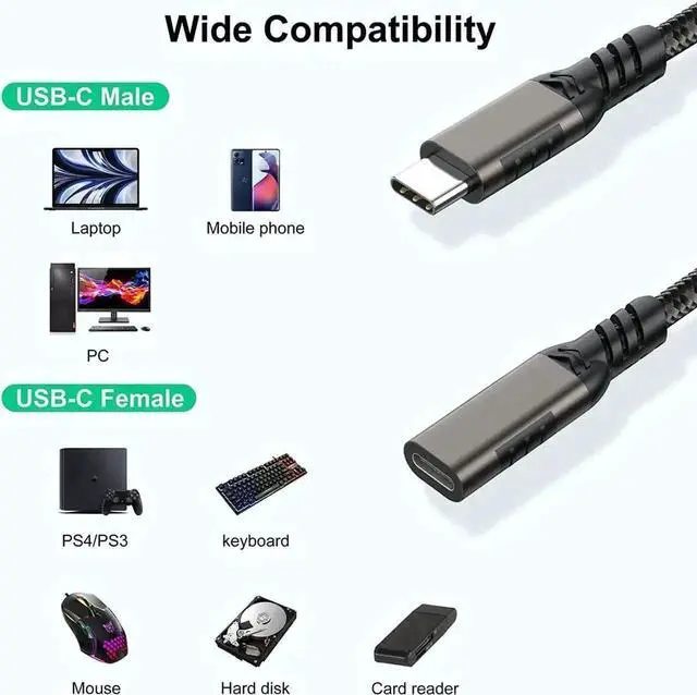 Alt view image 2 of 7 - 2M/6.6FT Braided USB-C Male to Female Extension Cable | USB3.1 Gen2, 10Gbps,100W 5A PD Charging & 4K Video Output
