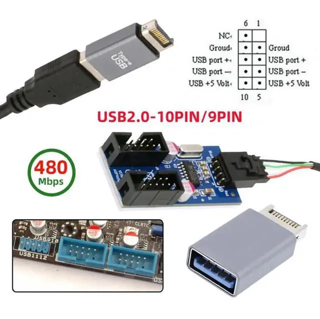 Alt view image 5 of 7 - USB3.1 Type-E 20Pin Male to Dual USB2.0 A Female + 9Pin/10Pin Motherboard Header Internal Hub Adapter, 1-to-2 USB Port Multiplier Splitter Cable
