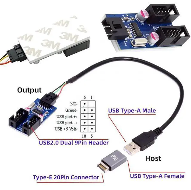 Alt view image 3 of 7 - USB3.1 Type-E 20Pin Male to Dual USB2.0 A Female + 9Pin/10Pin Motherboard Header Internal Hub Adapter, 1-to-2 USB Port Multiplier Splitter Cable