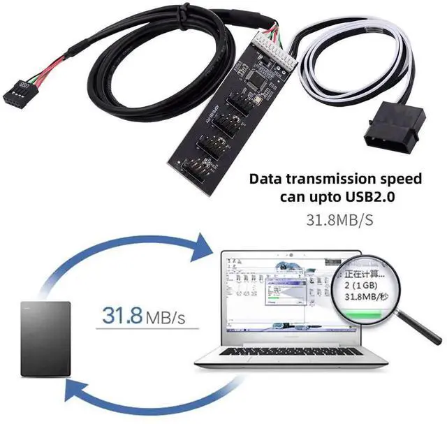 Alt view image 6 of 7 - Internal USB2.0 9Pin/10Pin Header 1-to-4 Female Hub Splitter Cable with IDE Power Supply Port for Motherboard