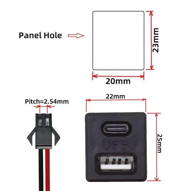 Alt view image 5 of 6 - Latch Mount USB-A + USB-C Female to 2.54mm Pitch 2Pin Header Pigtail Cable|DC 5V Power Wiring Harness for DIY & OEM Projects