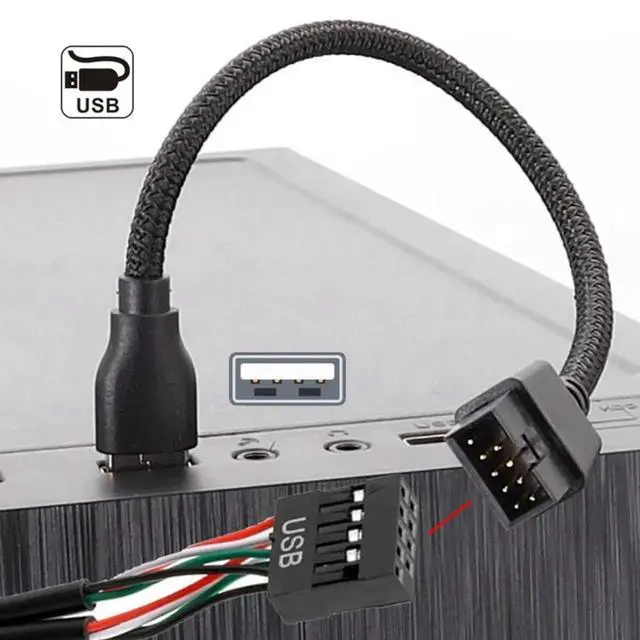 Alt view image 4 of 7 - 20cm Nylon Braided USB2.0 9/10Pin Motherboard Header Male to USB-A Male Extension Cable