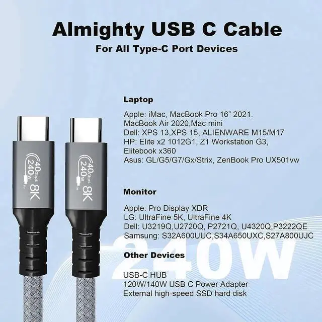 Alt view image 7 of 7 - 1.6FT 240W USB4 USB-C to USB-C Cable | 40Gbps, 8K/5K@60Hz Video, Thunderbolt 3/4 Compatible for MacBook, eGPU & Docking Station