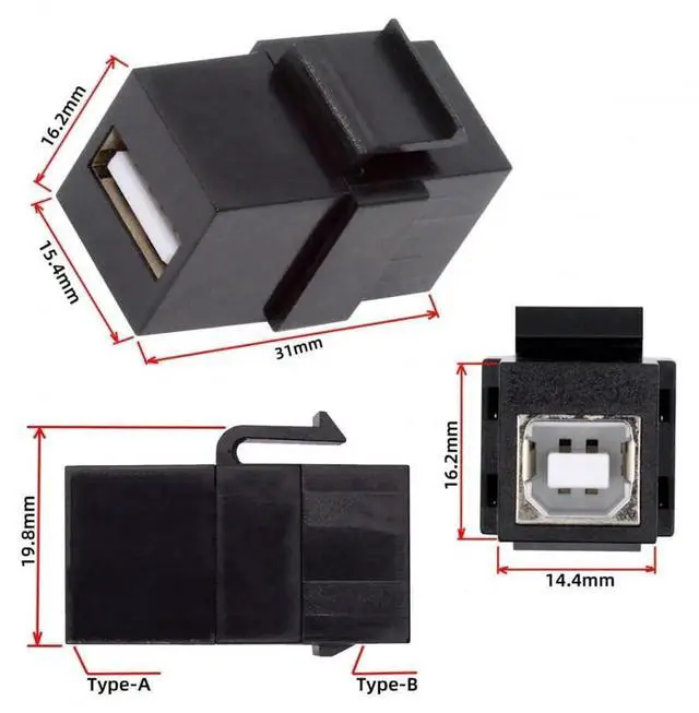 Alt view image 7 of 7 - USB2.0 Type-A Female to Type-B Female Keystone Jack Coupler Adapter for Wall Plate & Panel Cabling