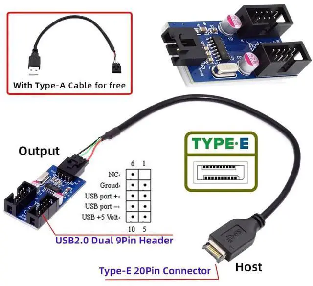 Alt view image 2 of 7 - 0.98FT Type-E Front Panel Header Splitter Cable | USB2.0/3.1 Type-E 1-to-2 9/10Pin Motherboard Internal Extension Adapter