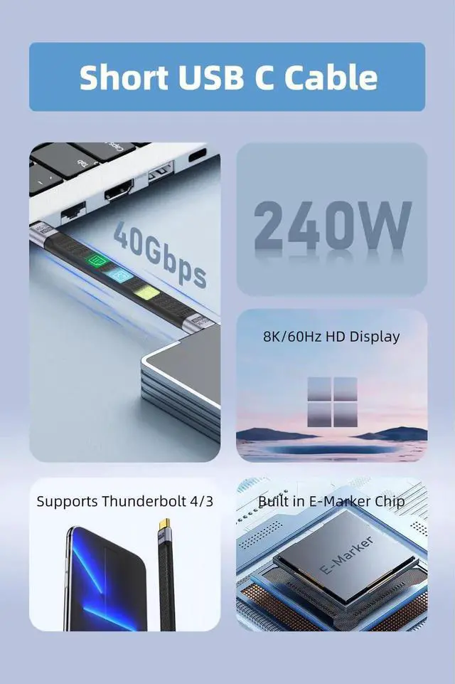 Alt view image 5 of 7 - 5.3 Inch Short USB4 USB-C to USB-C Cable | 240W PD Fast Charging, 40Gbps Data, 8K@60Hz Video, Compatible with Thunderbolt 3/4, Laptops, Tablets & Smartphones