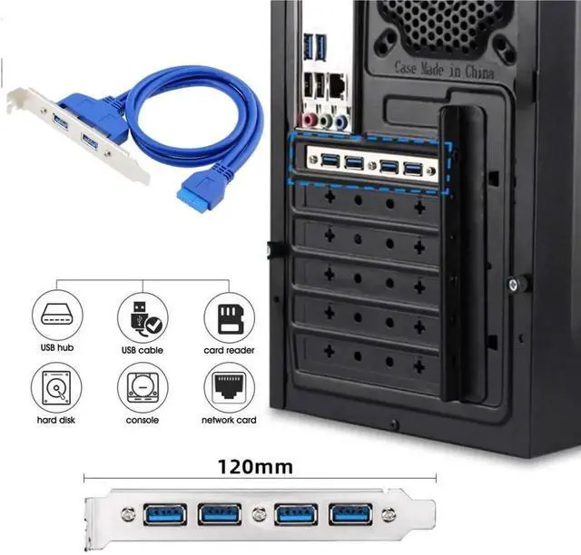 Alt view image 5 of 7 - 2 Port USB 3.0 Female Panel Mount Cable, Internal 2Pin to Motherboard 20Pin Header Extension Cord with PCI Slot Bracket for Desktop PC