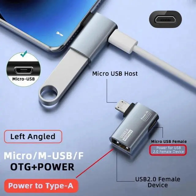 Alt view image 3 of 7 - 2 in 1 Micro USB OTG Power Adapter, 90 Degree Left Angled Micro USB Male to USB 2.0 Female Connector, 480Mbps Data Transfer & 5V 2A Power Supply for Android Phones, Tablets, Fire Stick