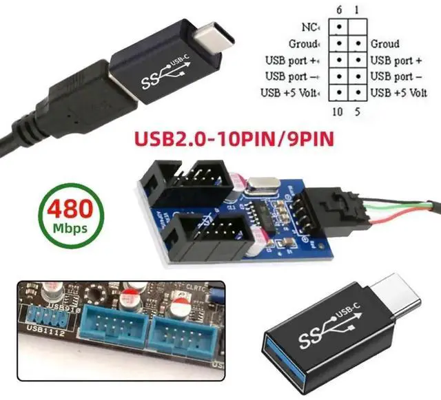 Alt view image 4 of 7 - 9Pin/10Pin USB 2.0 Header 1 to 2 Splitter Cable, Motherboard Front Panel Extension Adapter with USB-C Converter