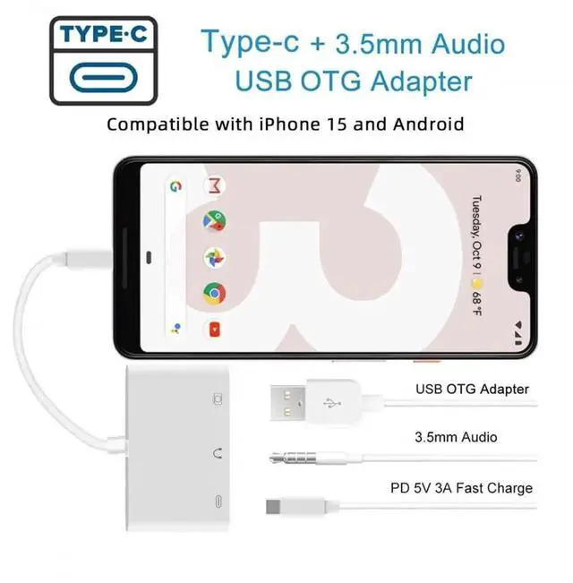 Alt view image 7 of 7 - USB-C to 3.5mm AUX + USB 2.0 OTG Adapter with PD Charging, Multi-Function Converter for Laptops, Tablets & Phones