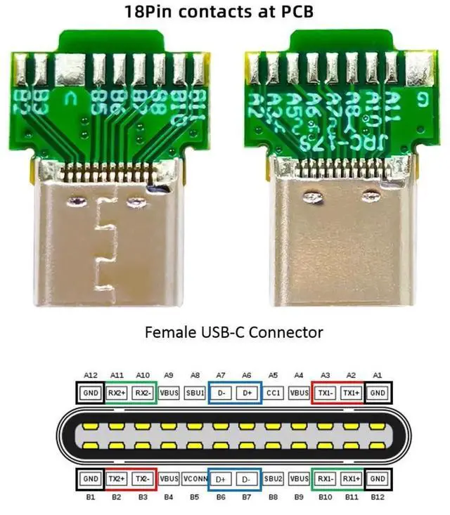 Alt view image 5 of 7 - 2 Pack USB C DIY Connector, USB 3.1 Type C PD 65W 18Pin Male & Female Solder Adapter with PCB Board for Port Repair Replacement
