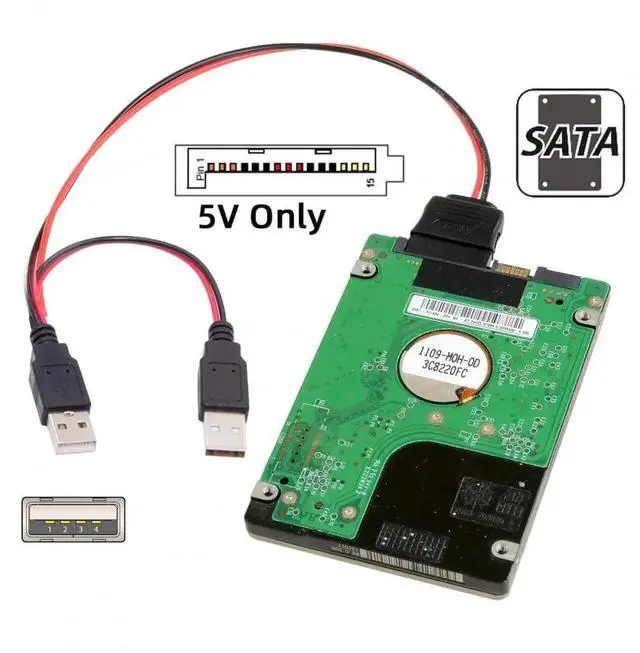 Alt view image 4 of 6 - USB Dual to SATA 15Pin Power Cable, DC 5V 2A Max Cord for 2.5 Inch SATA HDD & SSD