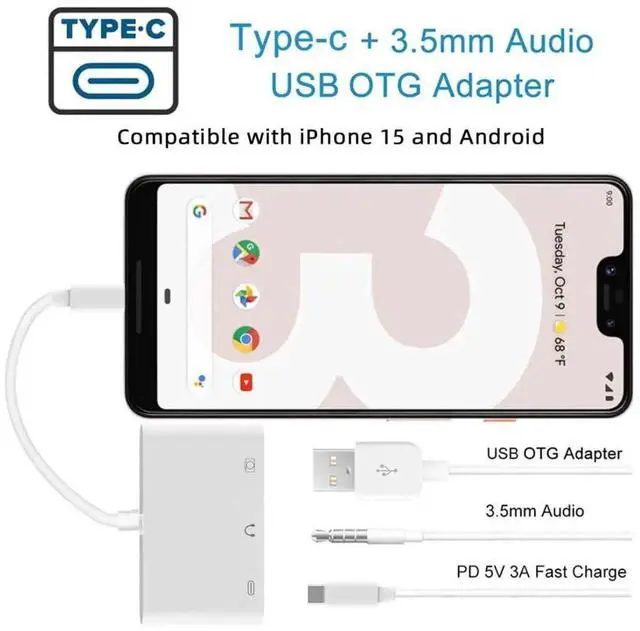 Alt view image 6 of 7 - 3-in-1 USB C to 3.5mm Audio AUX + USB 2.0 OTG Adapter, PD 15W Charging Splitter for Phone, Tablet & Laptop