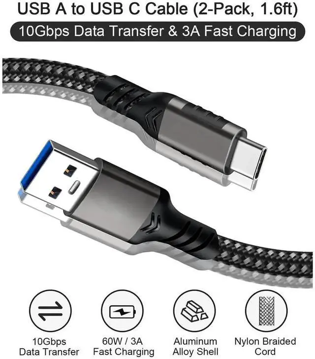 Alt view image 7 of 7 - 2 Pack 1.6FT USB A to USB C Cable, USB 3.1/3.2 10Gbps 60W 3A Fast Charging Cord for Samsung Galaxy, External SSD, Type C Phone, Laptop & PC