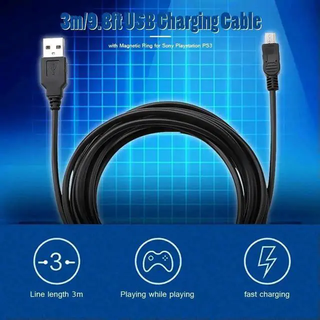 Alt view image 3 of 3 - 3m Mini USB Charging Cable with Magnetic Ring, Durable Power Cord for Gamepad