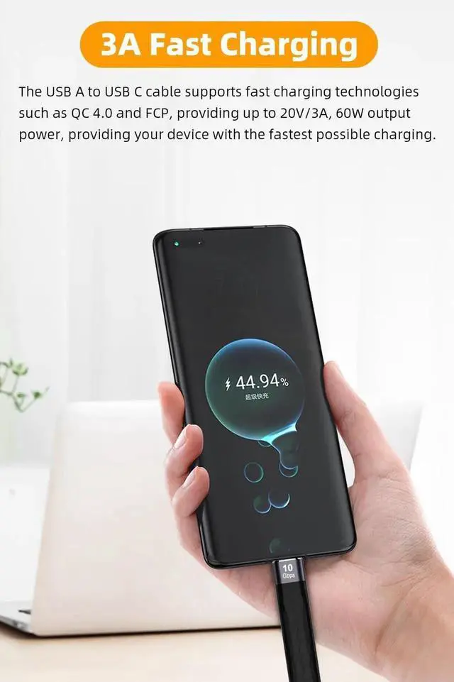 Alt view image 3 of 5 - 5.3 Inch Short USB A to USB C Cable, 60W Fast Charging 10Gbps Data Cord for Portable SSD, Power Bank, Android Auto, Laptop, Tablet & Phone