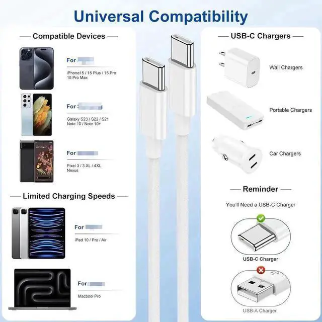 Alt view image 5 of 7 - 3-Pack 6Ft/2M USB-C to USB-C Cable, 60W 3.1A Fast Charging Cord for iPhone 16/15 Series, MacBook Air/Pro, Samsung S24/S23