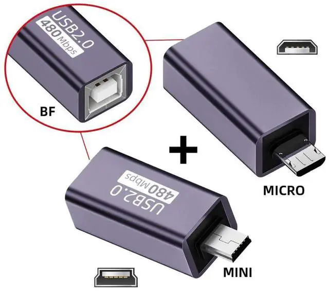 Alt view image 5 of 7 - 2 Pack Micro/Mini USB Male to USB 2.0 Type B Female Adapter, Converter for Printer, Disk and Scanner