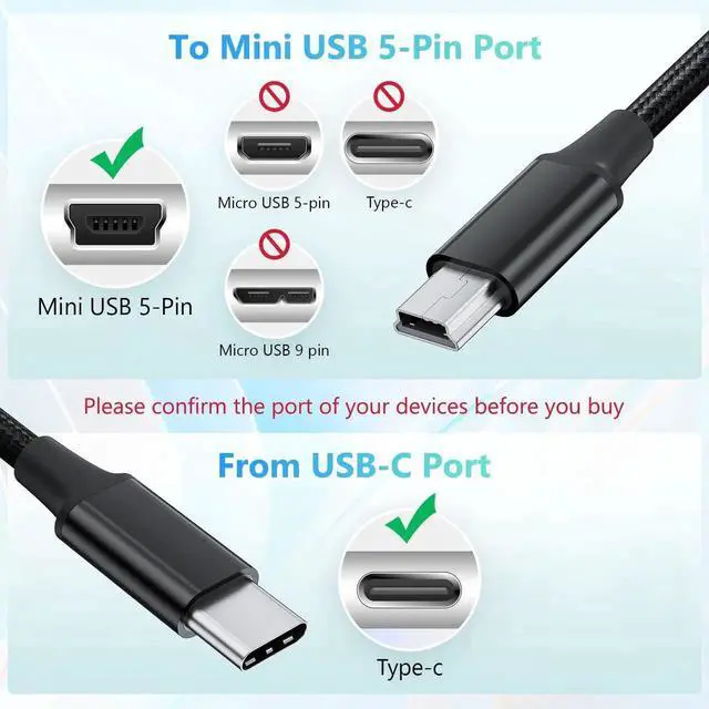 Alt view image 5 of 7 - 5FT Braided USB-C to Mini USB Cable, 480Mbps OTG Charging Cord for Camera, PS3 Controller, Dash Cam, Ti-84 Plus