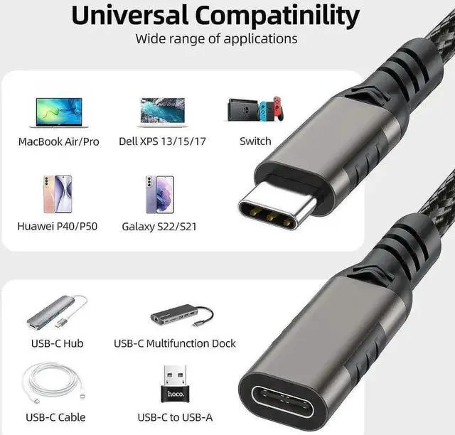 Alt view image 5 of 7 - 10ft/3M Nylon Braided USB-C Extension Cable, USB 3.2 Gen2 Male to Female Cord, 100W Charging, 10Gbps Data & 4K@60Hz Video for MacBook, Laptops & Phones