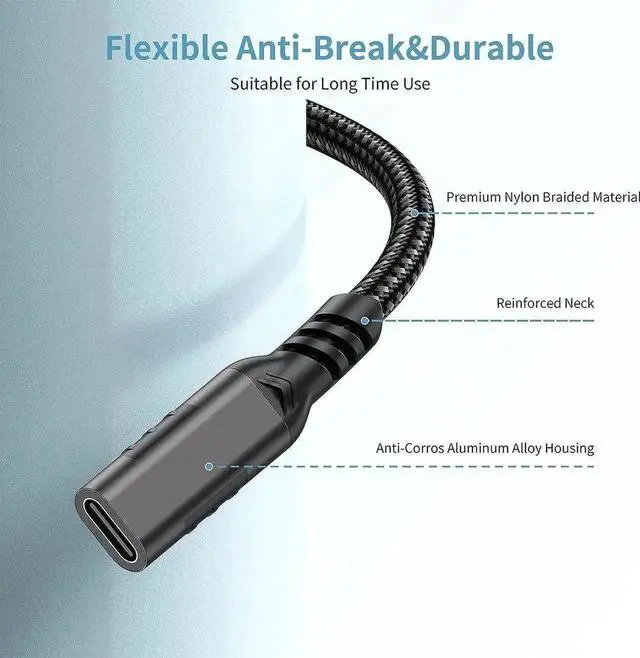 Alt view image 4 of 7 - 10ft/3M Nylon Braided USB-C Extension Cable, USB 3.2 Gen2 Male to Female Cord, 100W Charging, 10Gbps Data & 4K@60Hz Video for MacBook, Laptops & Phones