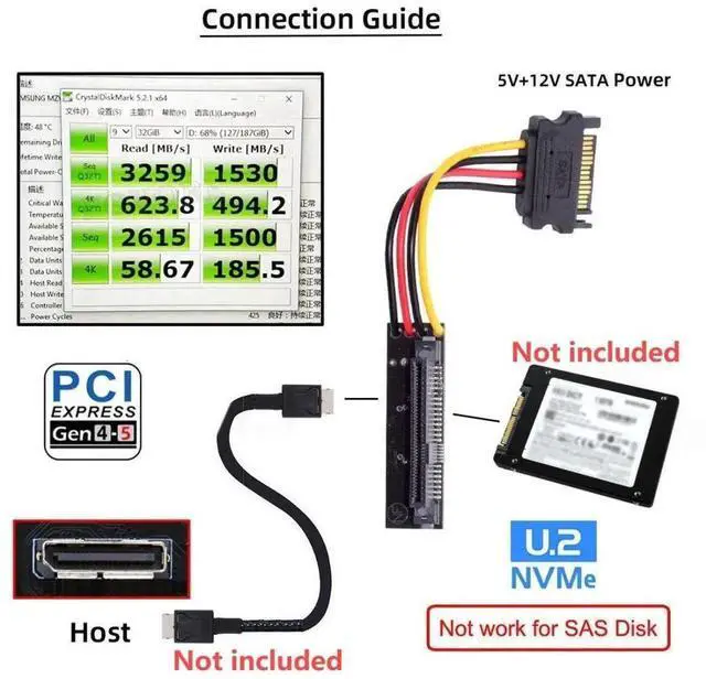 Alt view image 2 of 7 - U.2/U.3 SFF8639 SSD to OCuLink SFF8612 PCB Adapter Card with 5V/12V SATA Power Cable